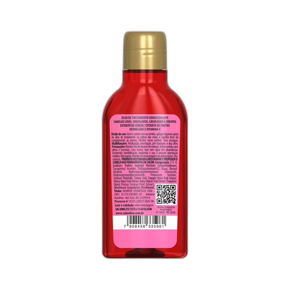 Frasco de Óleo Capilar Salon Line Multy Cereja 50ml em close, destacando o rótulo vermelho.